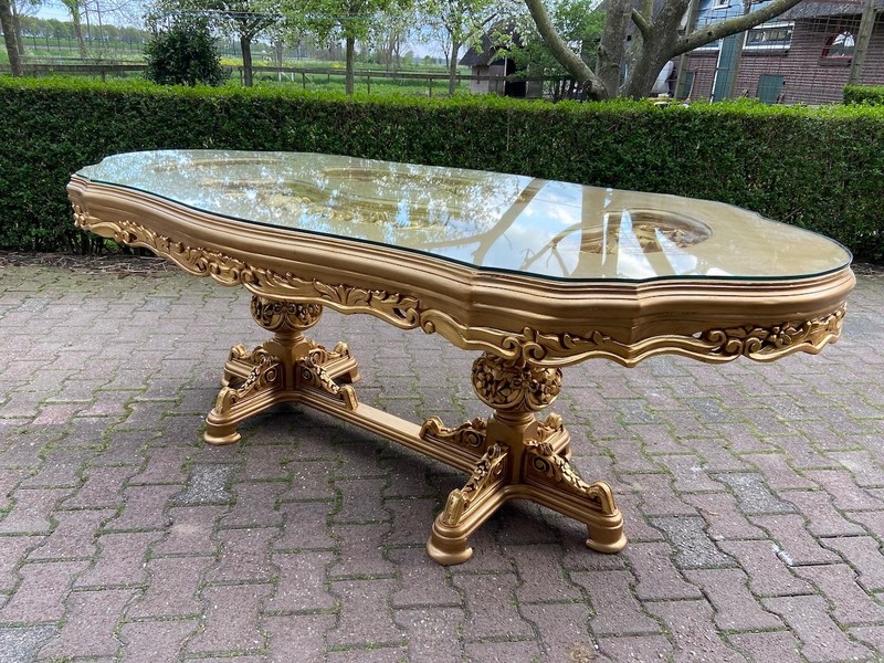 Dining Table Italian Baroque Gold Leaf Hand Carved Beech Glass Top