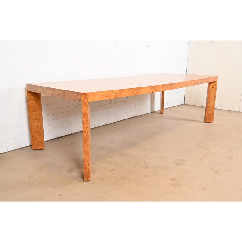 Milo Baughman Style Mid-Century Modern Burl Wood Parsons Extension Dining Table gallery