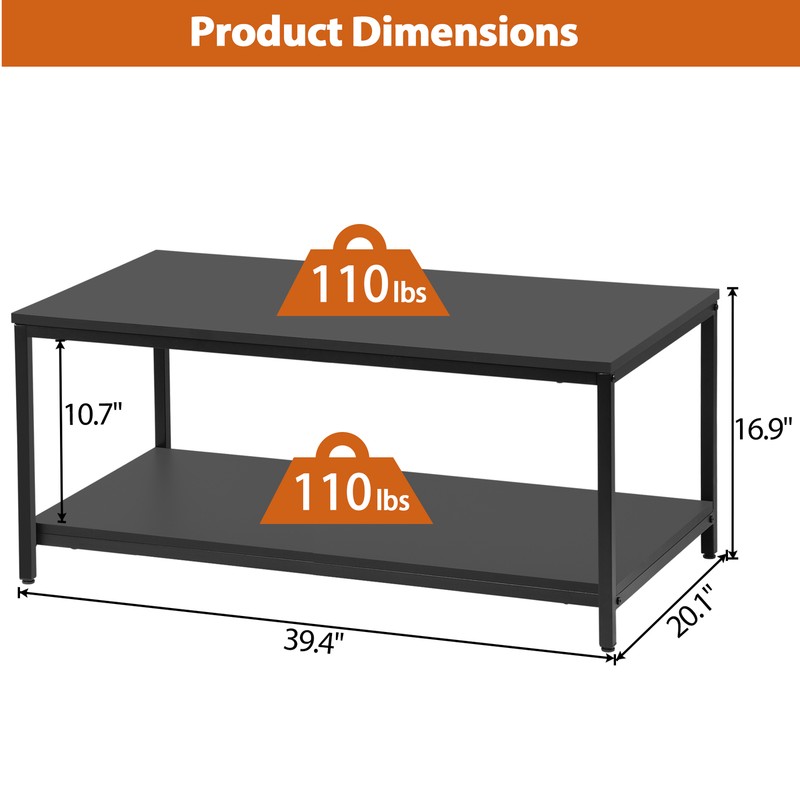39" Rectangular Coffee Table Industrial Wood Center Table w/ Storage Shelf Black gallery
