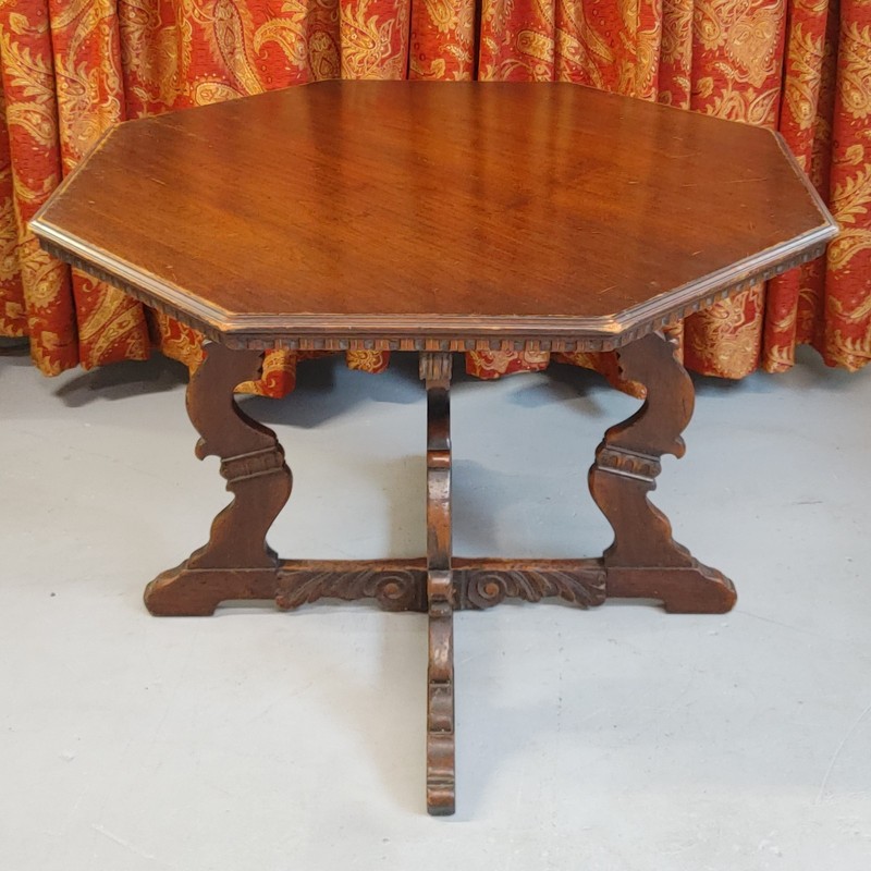 Antique Octagon Wood Center Table Carved Walnut Jacobean Renaissance Card Game gallery