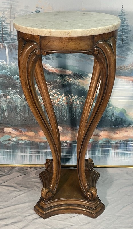 Vintage Weiman Tables French Style Carved Walnut Table w/ Round Marble Top 30”