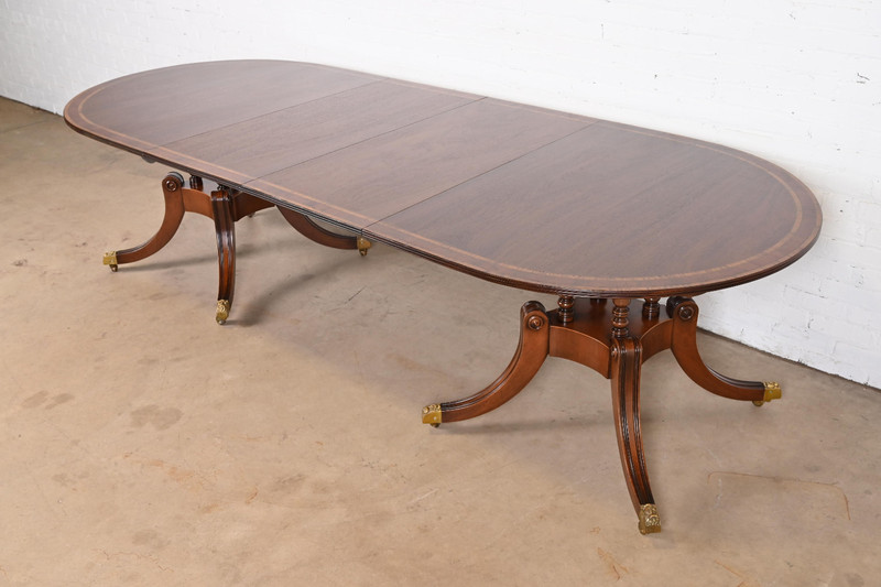 Baker Furniture Style Georgian Banded Mahogany Double Pedestal Dining Table