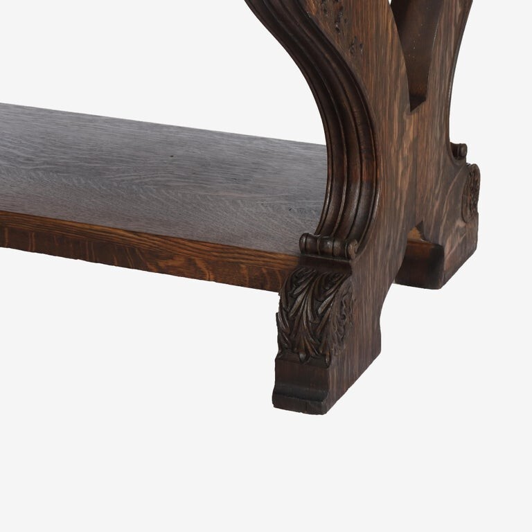 Antique Arts & Crafts Carved Oak Trestle Library Table C1910 gallery