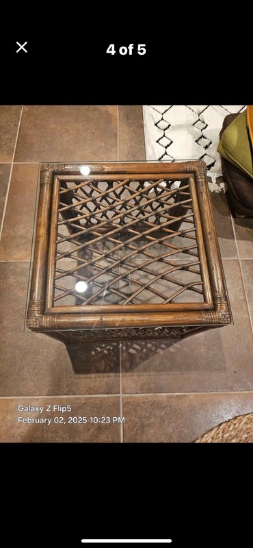 Vintage Woven Bamboo Rattan Side End Table Plant Stand Boho Chic MCM Glass Top