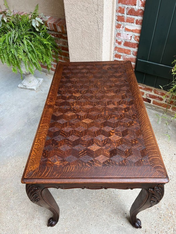 Antique French Breakfast Sofa Table Writing Desk Louis XV Carved Oak Parquet gallery