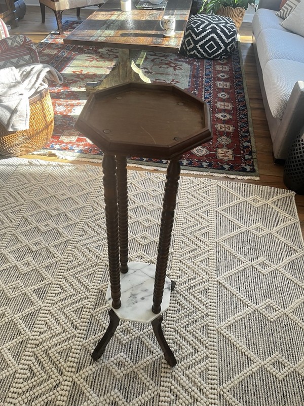 Vintage Traditional Turned Walnut & Marble Plant Stand Pedestal gallery