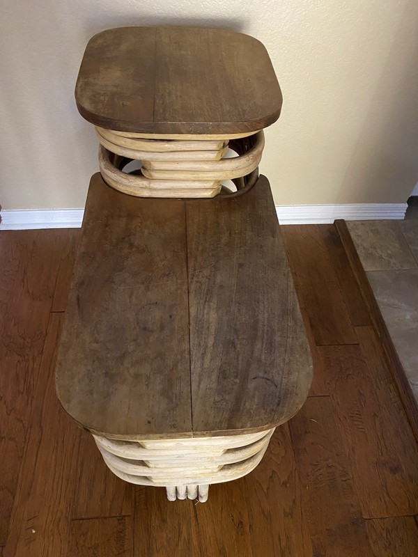 Paul Frankl Style Stacked Rattan Art Deco MCM side tiered table gallery