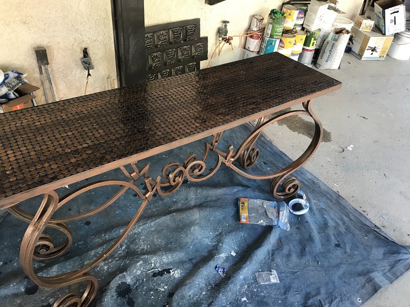 wrought iron table Vintage Indoor /Outdoor Hand Made With copper penny top gallery