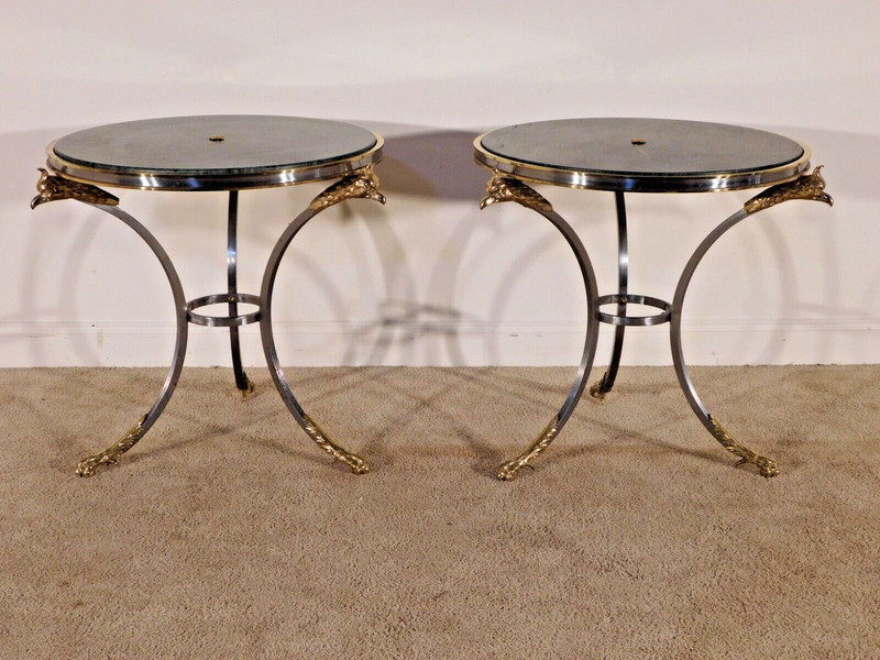 PR #1 Directoire Gueridon Brass & Steel Eagle Head Claw Foot Marble Top Tables