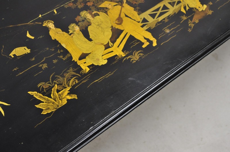 Vintage Chinoiserie Asian Inspired Black Painted Gold Gilt Trestle Coffee Table gallery
