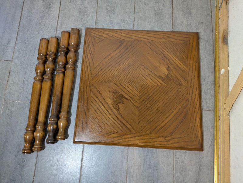 Vintage Rustic Country Parquet Oak Wood Small Side Table Plant Stand Turned Legs gallery