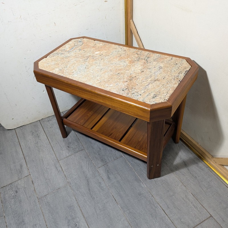 Vintage Mid Century Danish Modern Marble Stone Top Wood 2-Tier Table C84