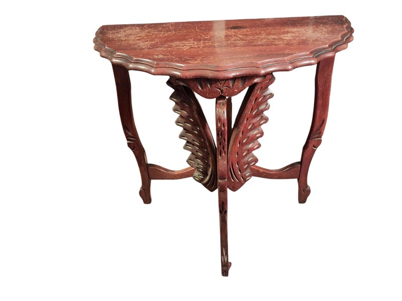 Antique Carved Swan Half Moon Wood Accent Table 24"H x 24"W x 12"D