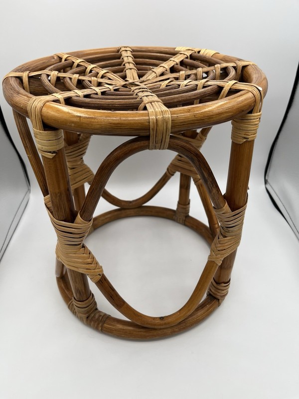 Vintage MCM Boho Chic Bamboo Rattan Round Table Stool Coastal Tiki Plant Stand gallery
