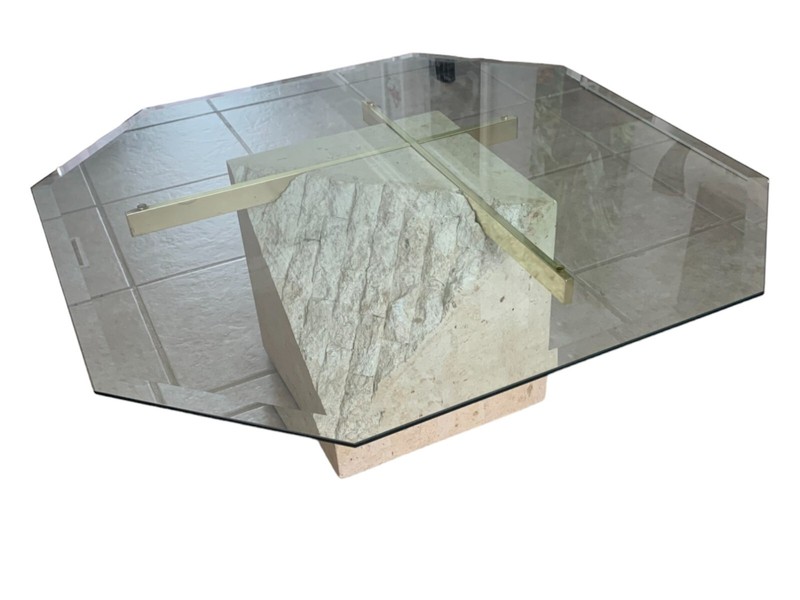 Postmodern Tesselated Mactan Stone and Brass Coffee Table With Glass Top