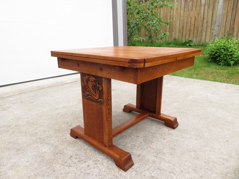 Vtg OAK DRAW LEAF DINING TABLE Nautical SHIP BOAT CARVING Mission ARTS & CRAFTS