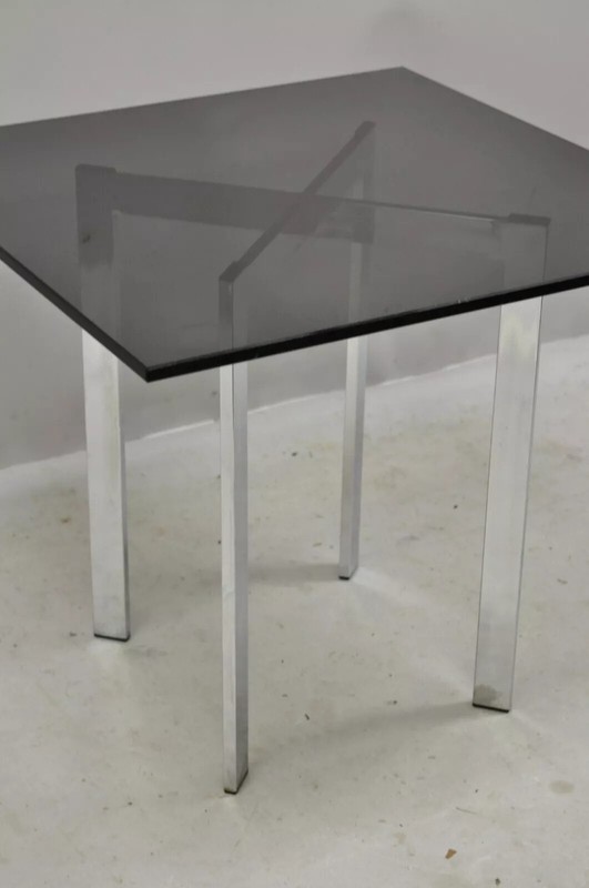 Mid 20th Century Chrome X-Frame Smoked Glass Barcelona Style Side End Table gallery