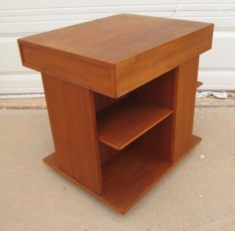 Vintage Danish Modern Teak Side End Table Drawer Shelves Casters 24-1/2in T gallery