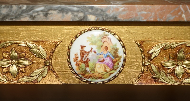 FRENCH MARBLE TOPPED GOLD GILTWOOD COFFEE TABLE WITH SIGNED PAINTED PARIS PLAQUE gallery