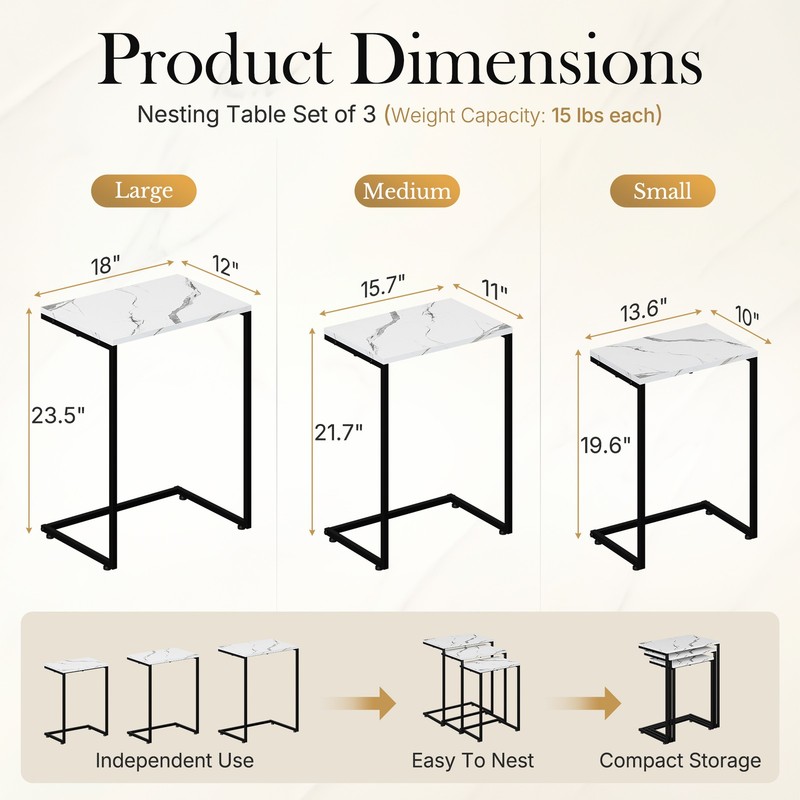 Nesting Coffee Table Set of 3 Industrial Stacking Accent End Side Tables White gallery