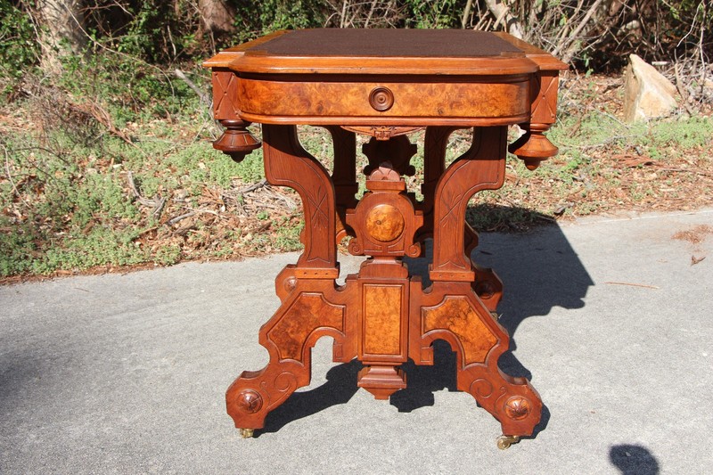 Gorgeous Ornate Burl Walnut Victorian Renaissance Revival Library Table Desk