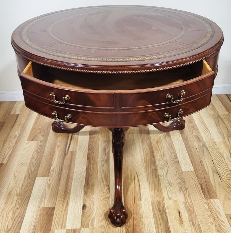Vintage AMERICAN Mahogany Gilt Tooled LEATHER Top DRUM TABLE Heirloom WEIMAN gallery