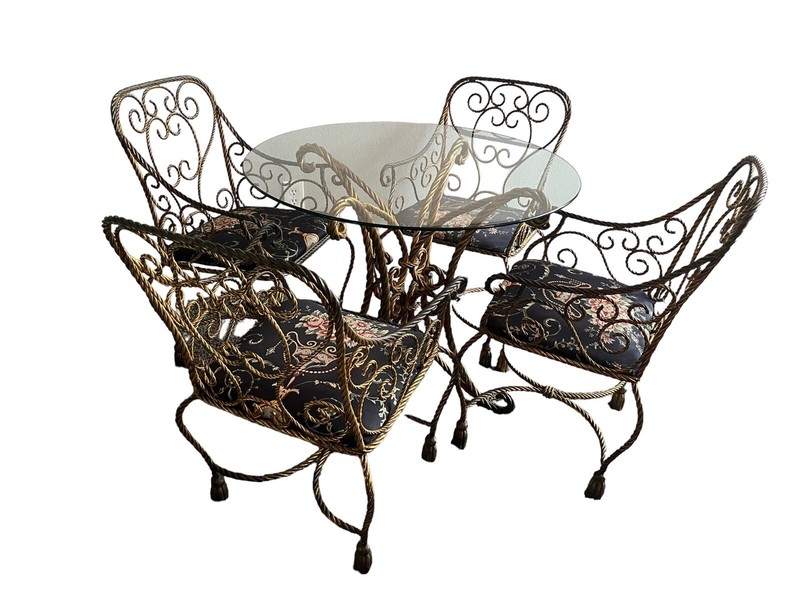 Vintage 1940’s Italian ROPE & TASSEL Iron GOLD GILT Hollywood Regency Dining Set