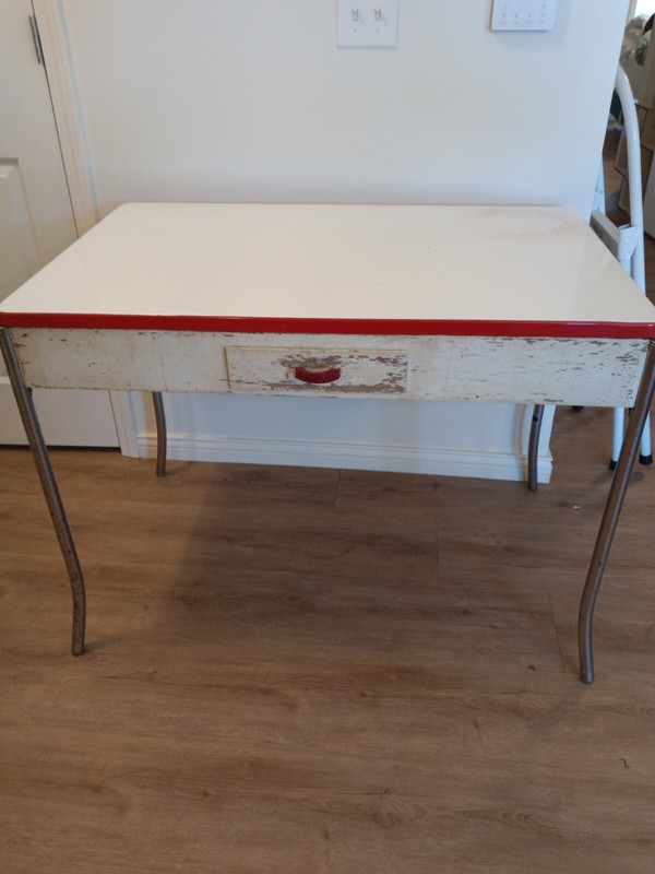 Vintage Farmhouse Table Industrial Porcelain Enamel Top With Drawer