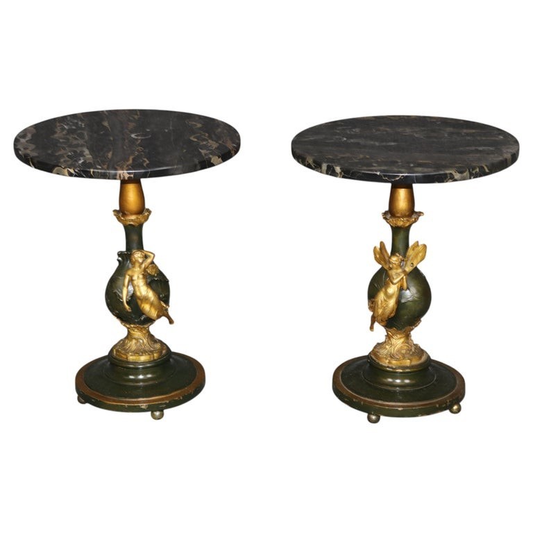 19th Century Pair Art Nouveau Bronze and Marble Top End Tables by Ferville Suan