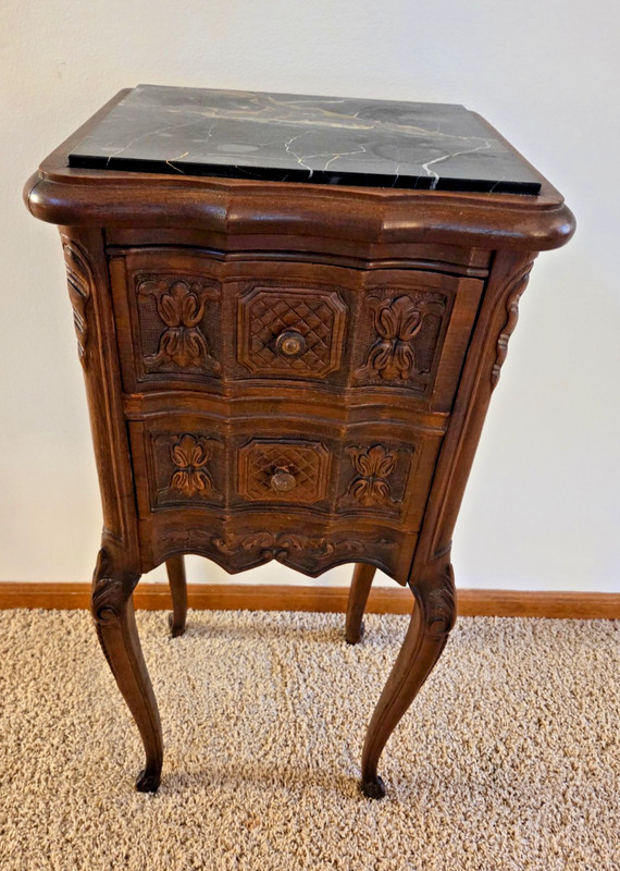 Vintage Marble Top Small 2 Drawer Ornate Carved Table French / Italian Stand
