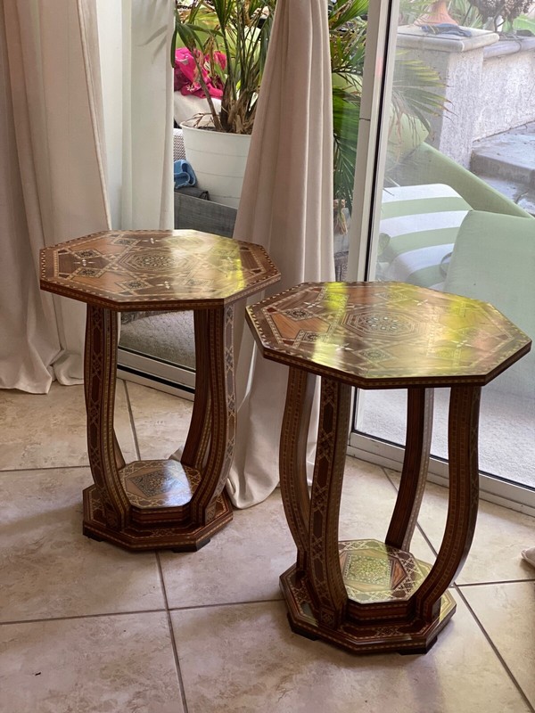Vintage End Table Damascene marquetry Antique Wood Inlaid Mother of Pearl Décor gallery