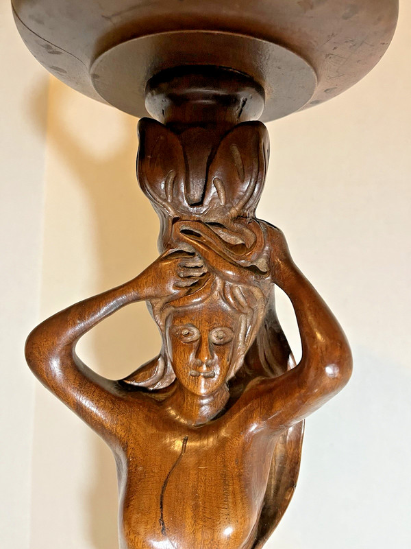 Art Nouveau Deco Figural Woman Wood Carved Pedestal Ashtray Smoking Plant Stand gallery