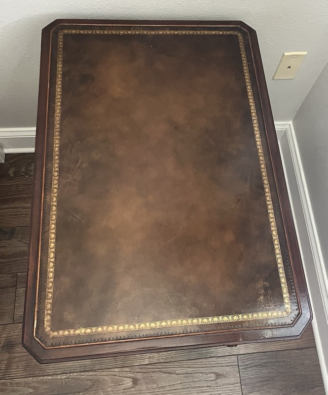 Vintage Mid Century Mahogany Side Table Leather Top Inlay Pull Out Tray Original gallery