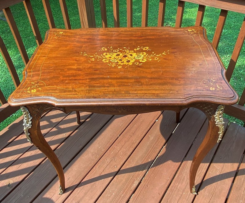 Antique French Table Floral Inlay Ormolu circa 1900 Elaborate Inlay 32 x21 x30 gallery