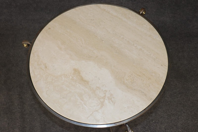 Simple and Sophisticated French Travertine Marble Metal and Brass Gueridon Table gallery