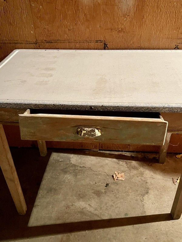 Vintage White Enamel Top Metal Kitchen Baker’s Table. Shabby Chic.