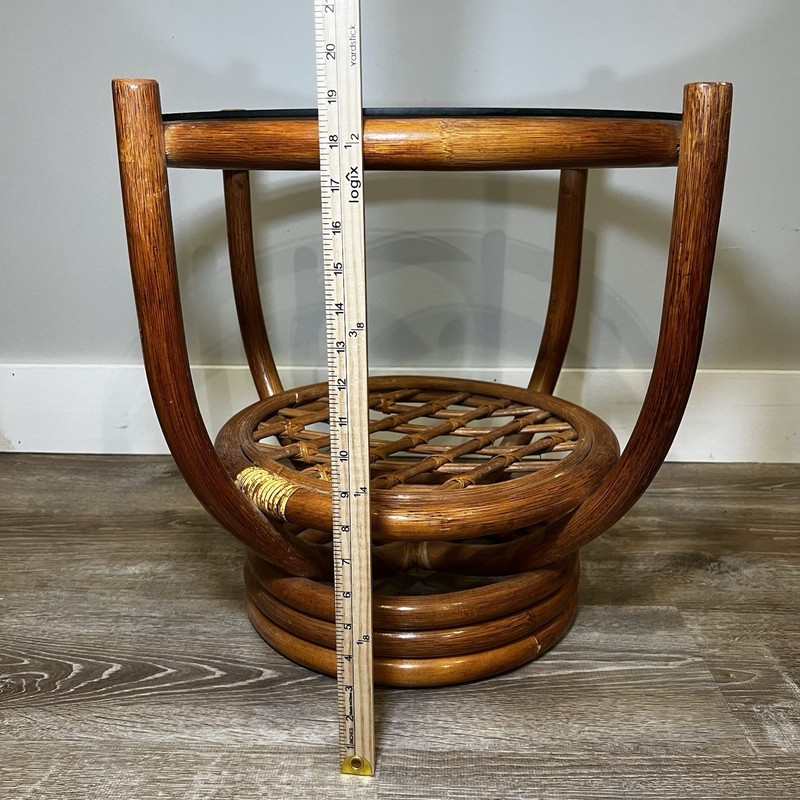 Mid 20th Century Boho Rattan Bamboo Round Side Table MCM Glass Top gallery