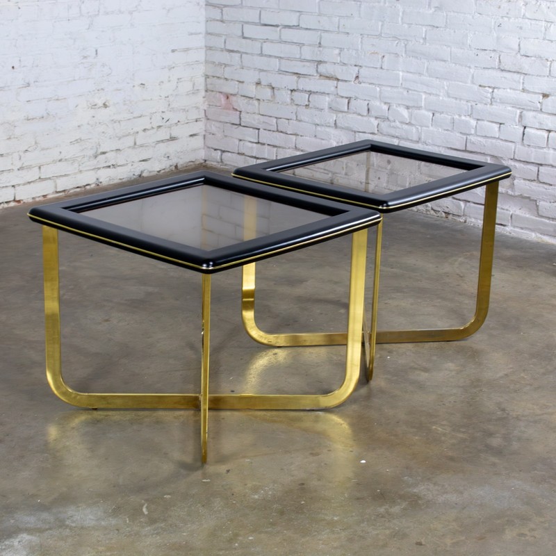Modern End Side Tables 1 Rectangle 1 Square Glass Inset Tops & Brass Plate Bases gallery