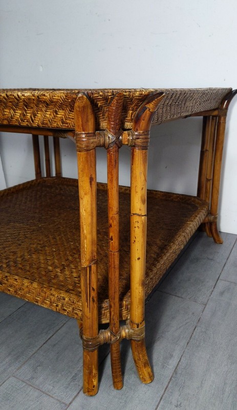 Vintage Large 38" 2-Tier Wicker Rattan Bamboo Table Boho Chic Asian Coffee gallery