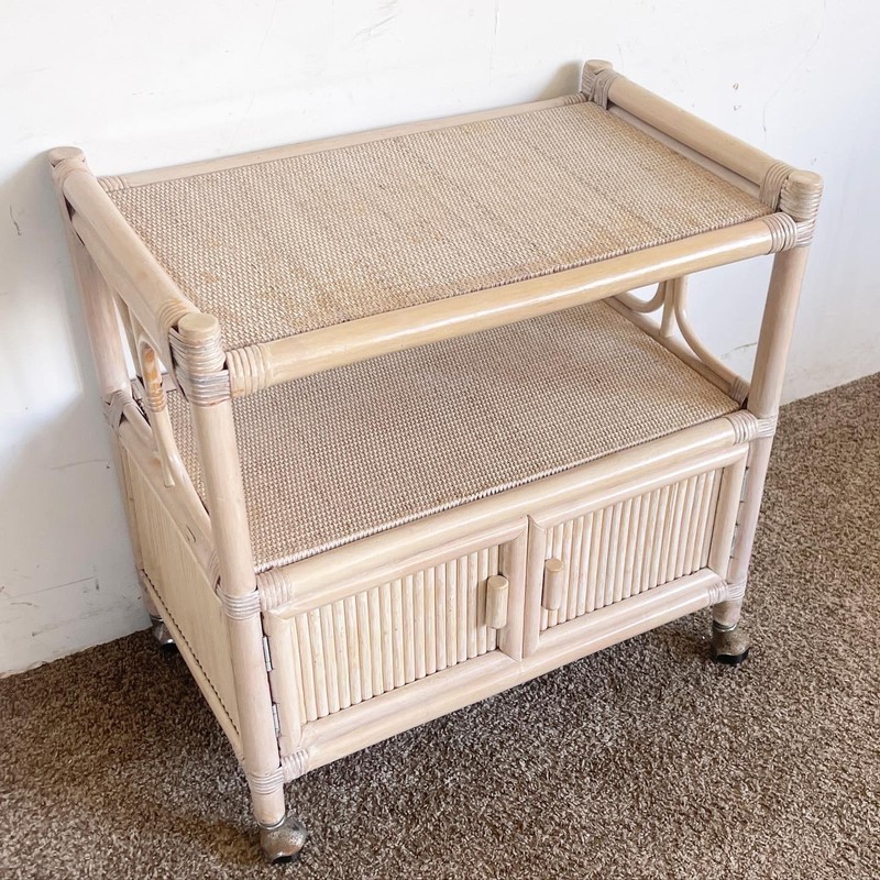 Boho Chic White Washed Bamboo Rattan and Wicker Bar Cart