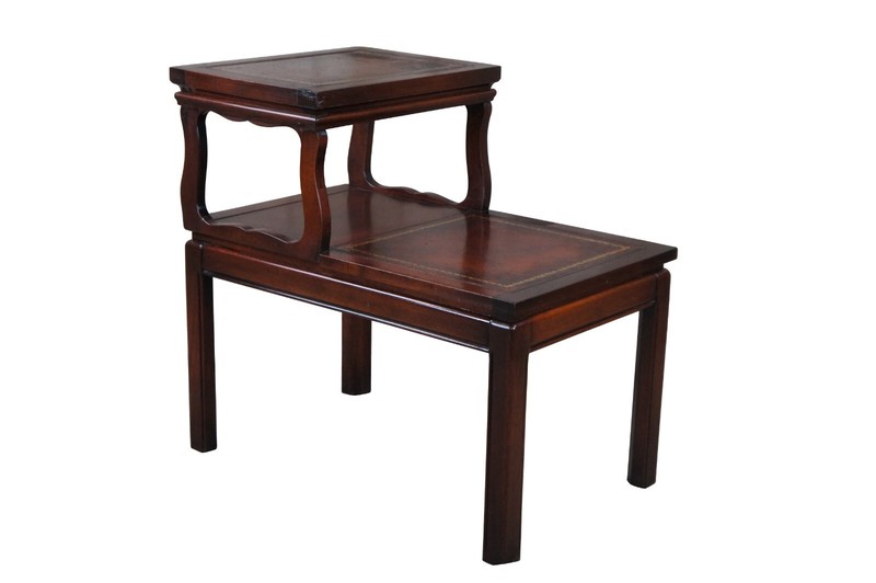 Mid Century Mahogany 2 Tier Tooled Leather Parlor Side Accent Step Table