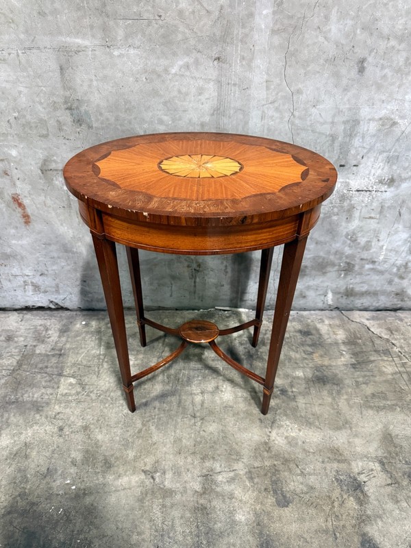 “As Is” Antique Inlaid Oval Occasional Side Table 23×17.5 28.25H Veneer Damage
