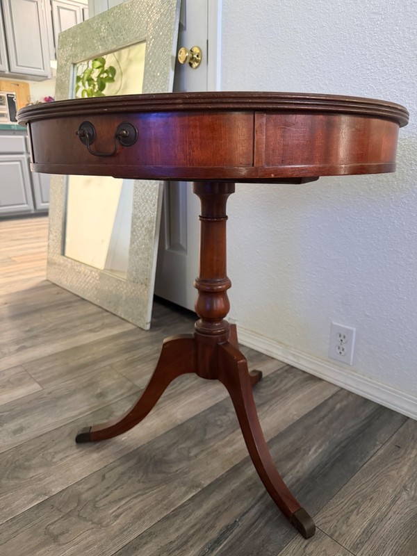 1940s Mahogany Round Side Table with Tooled Leather Top and Brass Pull Decor