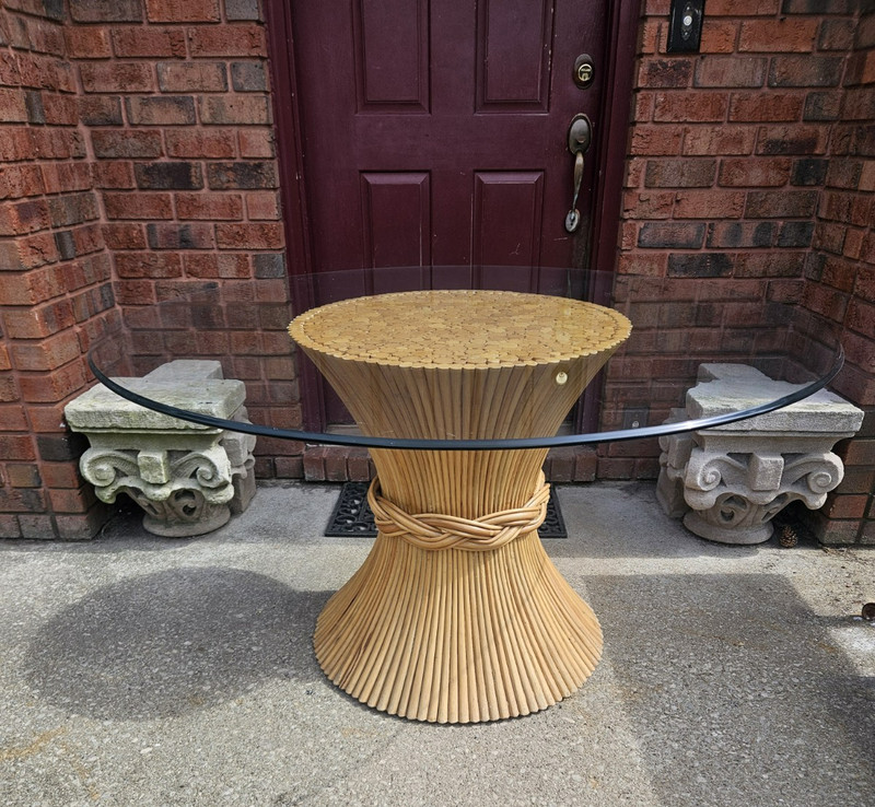 VINTAGE RATTAN BAMBOO DINING TABLE SHEAF OF WHEAT DESIGN CIRCULAR GLASS TOP gallery
