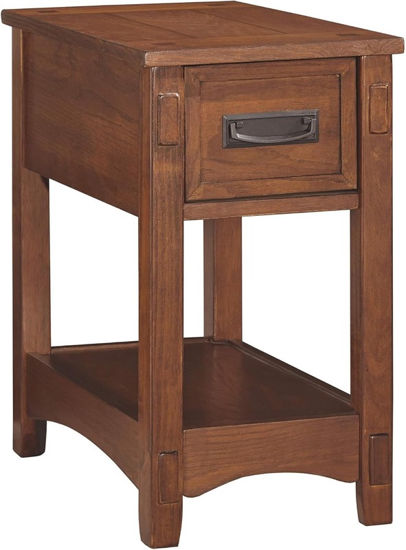 Wooden chairside table with a drawer and a fixed shelf, brown