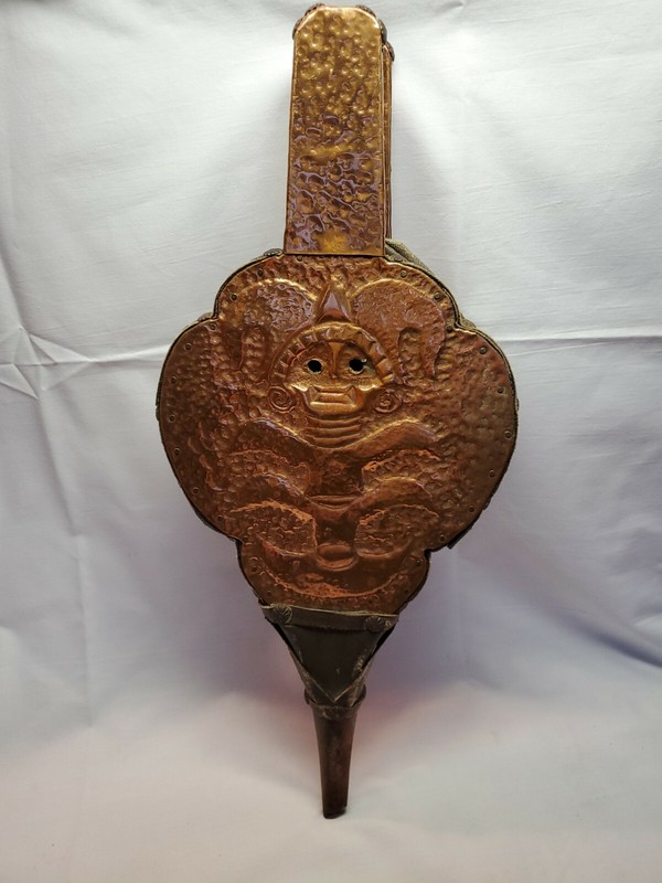 Vintage Copper AZTEC STATUTE FIREPLACE BELLOW Leather & Wood End RARE gallery
