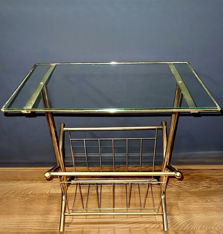 Vintage Brass & Glass Magazine Rack Side End Table Mid Century Modern 22” x 24” gallery