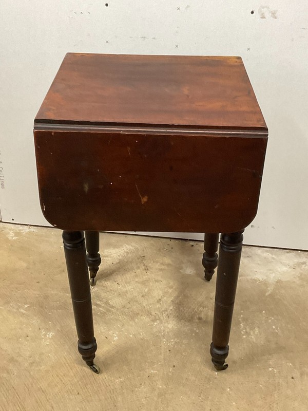 Antique sheraton work card table sewing stand drop leaf 1820 2 Drawers gallery