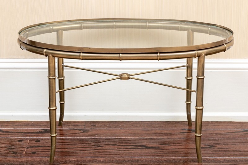 Vintage Chinoiserie Style Faux Bamboo Brass And Glass Oval Accent Table gallery