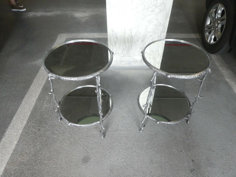 VINTAGE PAIR OF TWO TIER ROUND ALUMINUM TREE BRANCH TABLES gallery